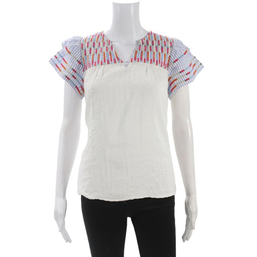 THML Women Bohemian Striped V-Neck Tunic Blouse Blue Short Sleeve Rayon Size XS